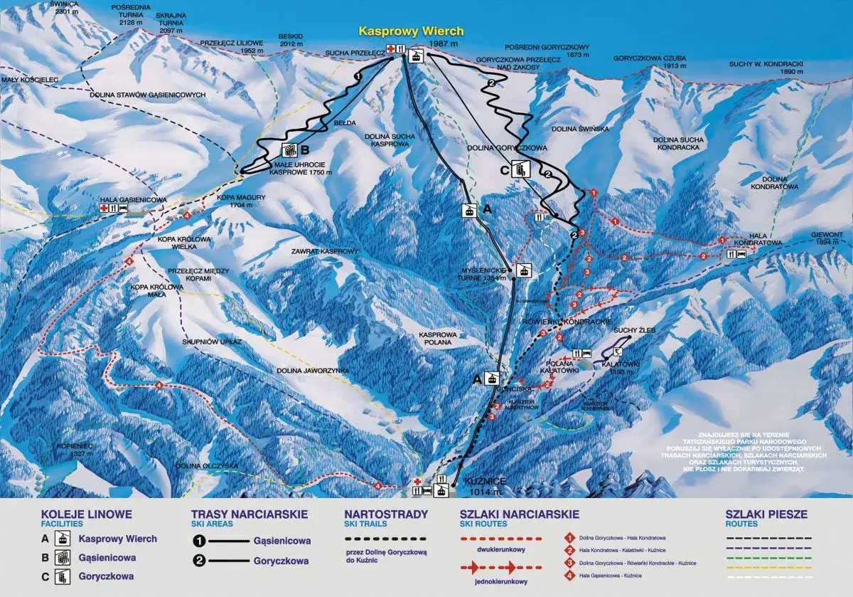 Mapa Tatr pokazuje szlaki na Kasprowy Wierch. Trasa z Kuźnic na Kasprowy Wierch ma ok. 4,5 km.
