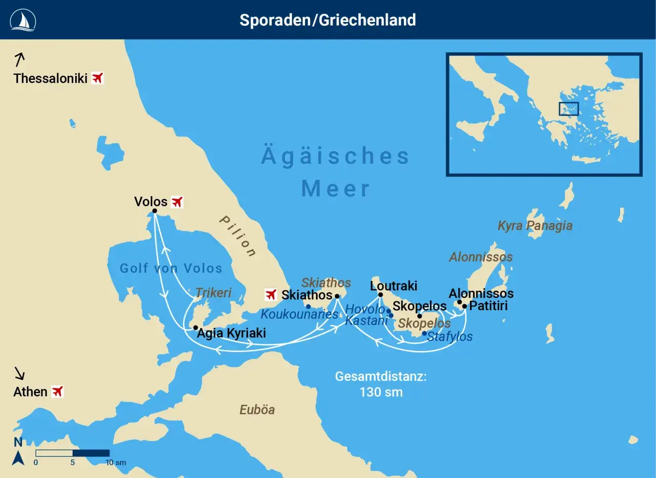 Sporaden Karte: Route von Volos über Skiathos, Skopelos und Alonissos im Ägäischen Meer. Gesamtdistanz 130 sm.