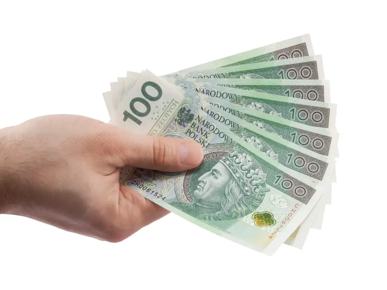 Dłoń trzyma kilka banknotów 100 zł. Może to symbolizować pieniądze potrzebne na zachowek od darowizny.