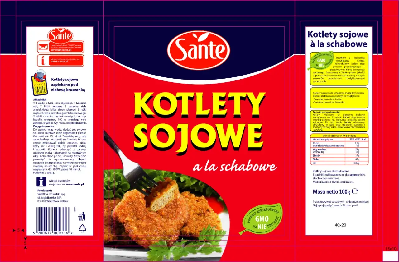 Kotlety sojowe Sante a la schabowe na talerzu z sałatą, widok z góry.