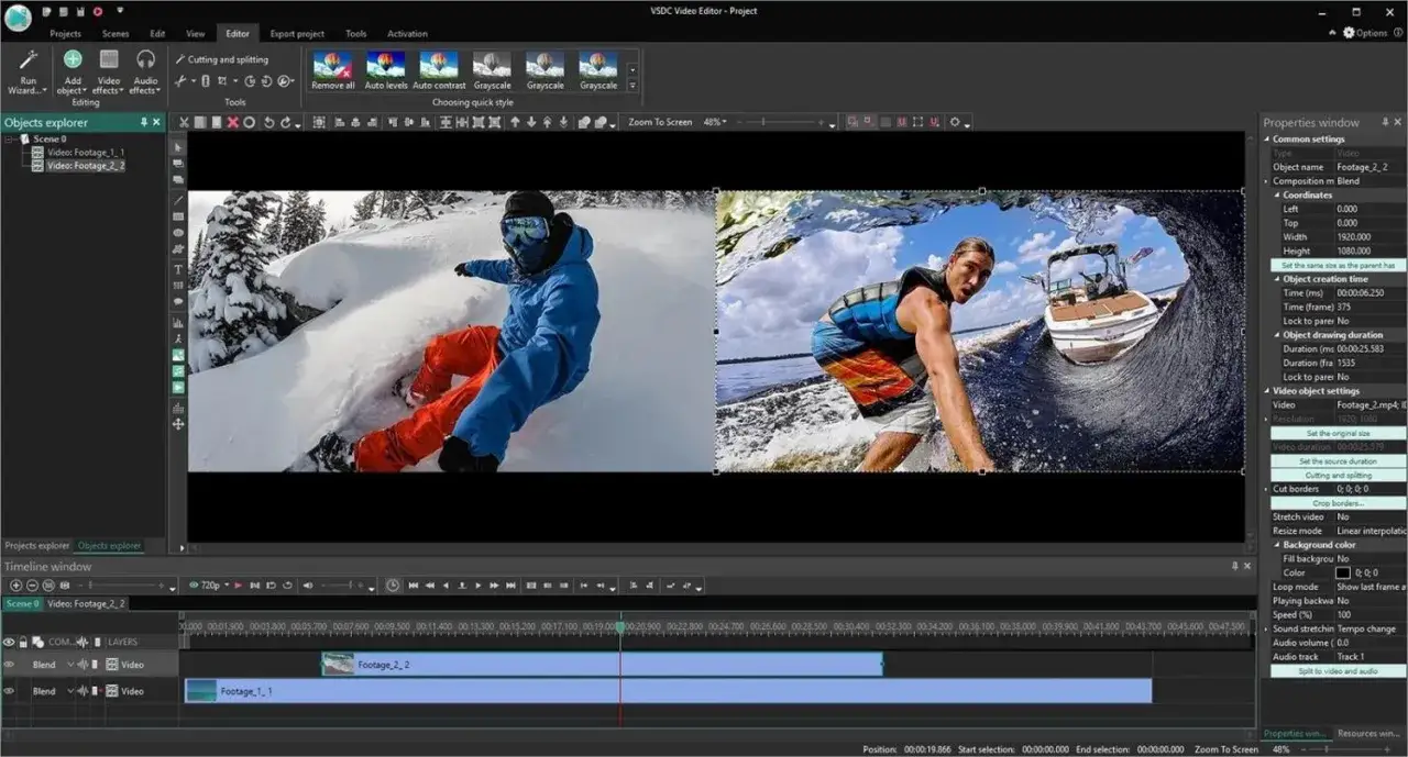 Darmowy edytor wideo VSDC pozwala na tworzenie dynamicznych klipów, łącząc snowboardzistę z narciarzem wodnym.