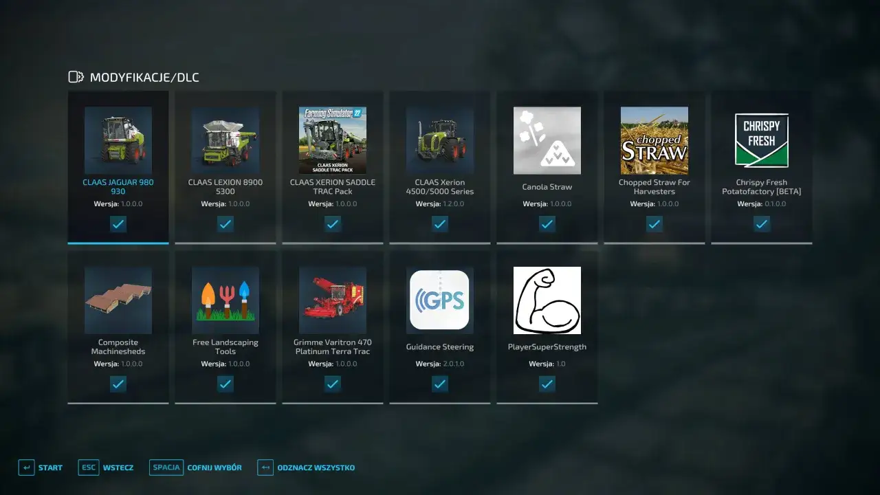 Menu modyfikacje/DLC do FS22: kombajny Claas, maszyny do słomy, narzędzia i inne mody.