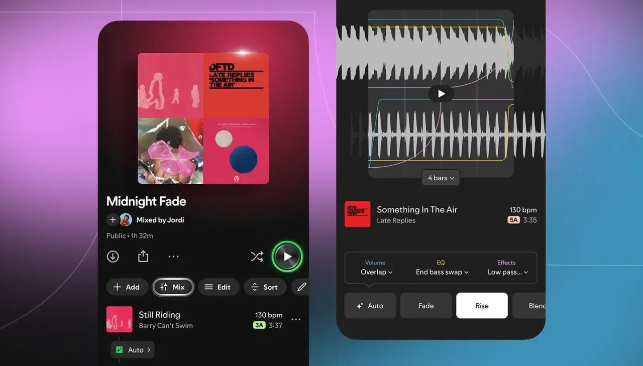 Dwa ekrany aplikacji Spotify: jeden z playlistą, drugi z edycją utworu.