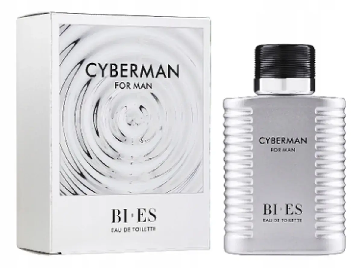 Perfumy męskie Bi-es Cyberman w srebrnym flakonie i pudełku z motywem fal.