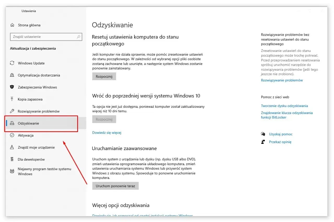 Ekran ustawień odzyskiwania systemu Windows z podświetloną opcją "Odzyskiwanie".