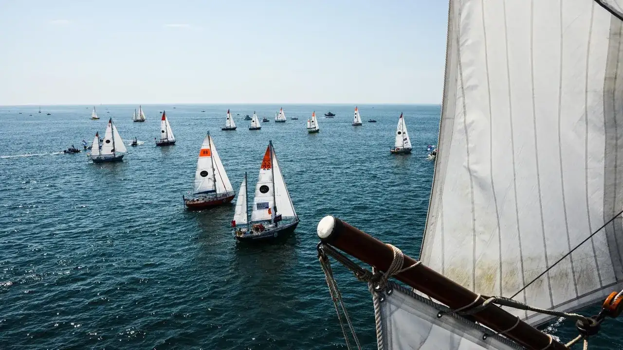 Viele Segelboote auf dem Meer, ein Teil der Segel im Vordergrund. Ein spannender Moment der Golden Globe Race.