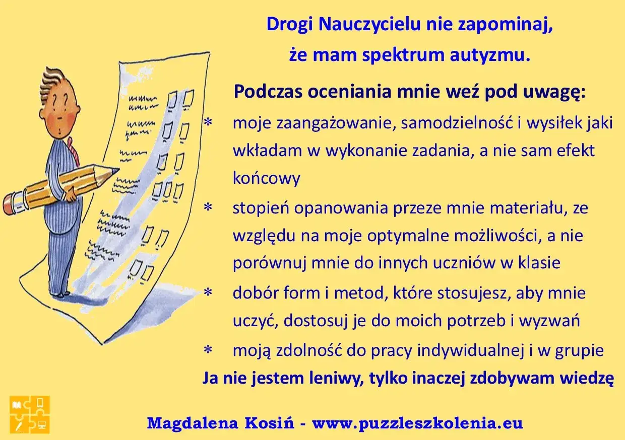 Chłopiec z ołówkiem prosi nauczyciela, by pamiętał, że ma spektrum autyzmu. Podkreśla, że inaczej zdobywa wiedzę.