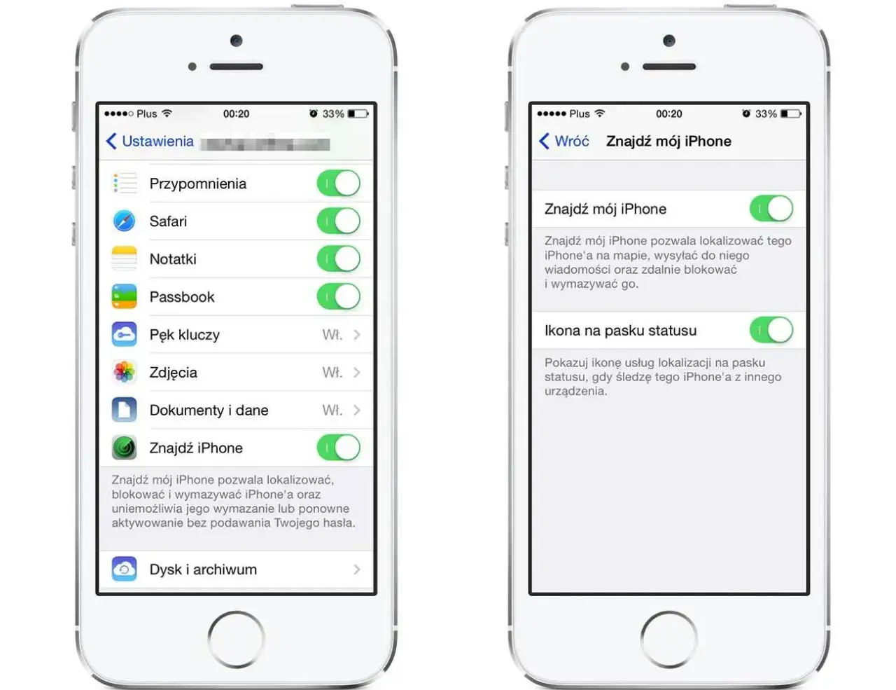 Dwa ekrany iPhone'a pokazujące ustawienia funkcji "Znajdź mój iPhone".
