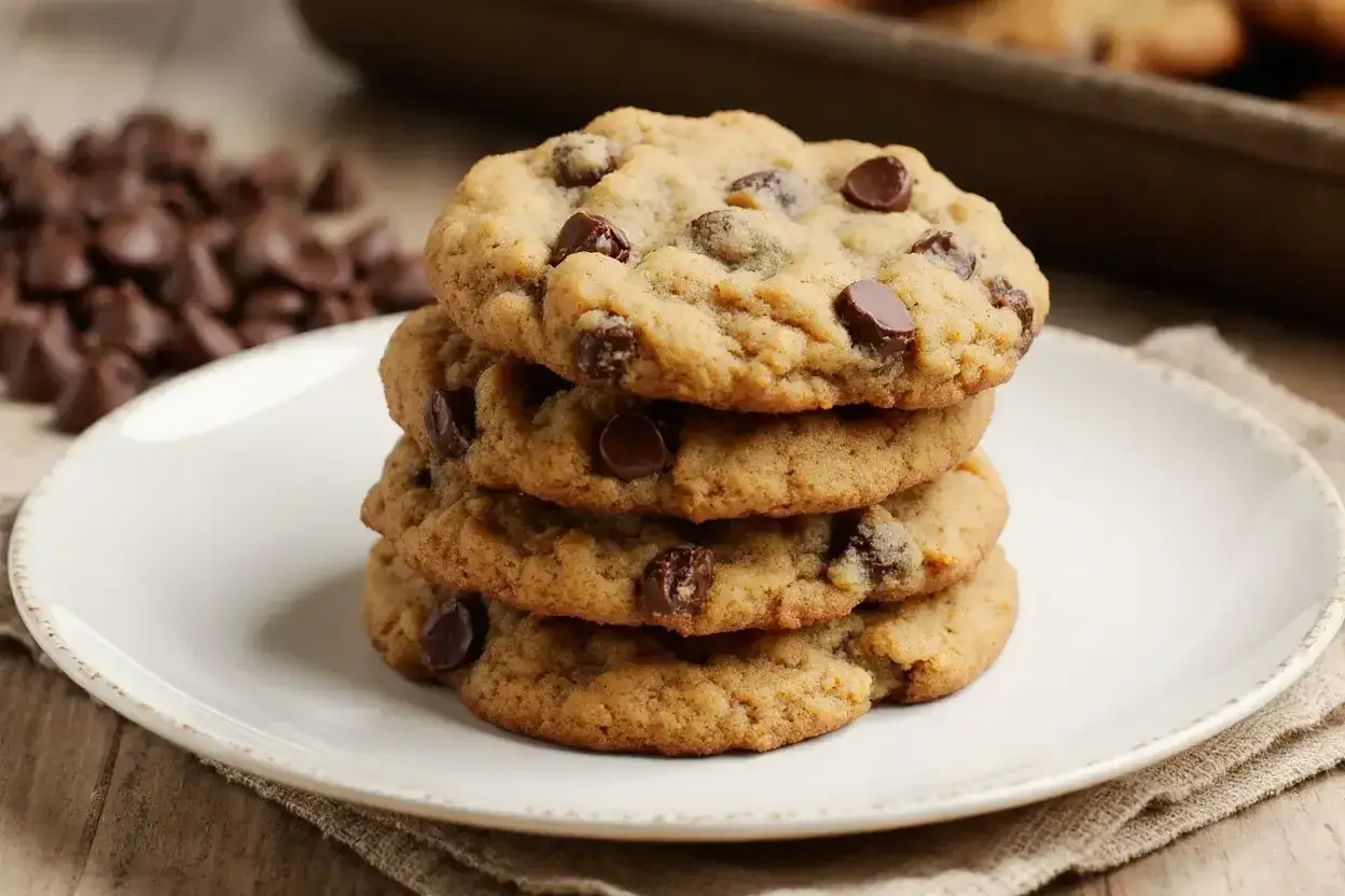 Pile de cookies aux pépites de chocolat, parfaits pour une recette de cookies moelleux. Des pépites de chocolat en arrière-plan.