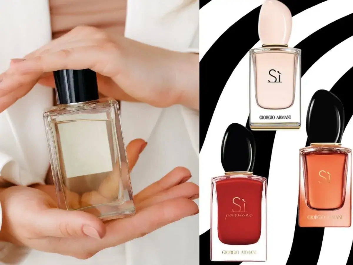 Dłonie trzymają perfumy Si. Obok trzy flakoniki Giorgio Armani: Si, Si Passione i Si Fiori. Które perfumy Si są najładniejsze?