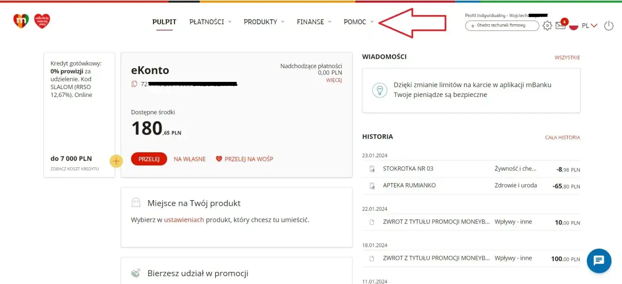 Strzałka wskazująca na zakładkę "Pomoc" na stronie głównej mBank.