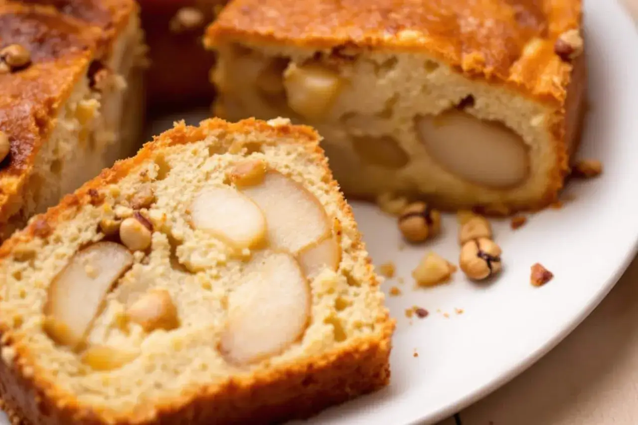 Tranche de gâteau poires amandes moelleux, parsemé de noisettes entières et de morceaux d'amandes.