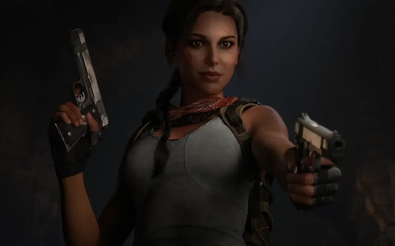 Lara Croft, w nowym tomb raider, gotowa do akcji z dwoma pistoletami.
