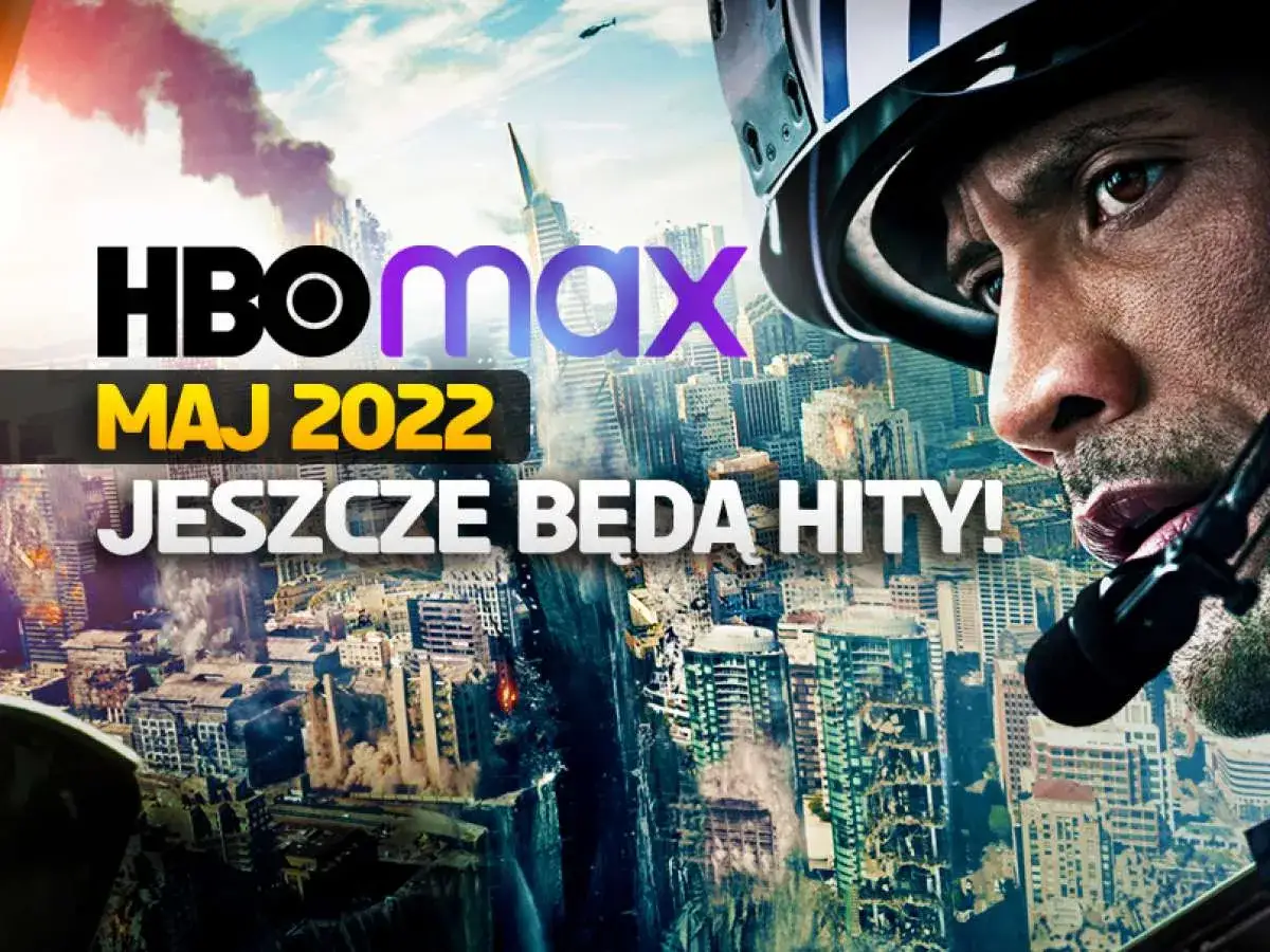 Zbliżenie na twarz mężczyzny w hełmie na tle zniszczonego miasta i logo HBO Max.