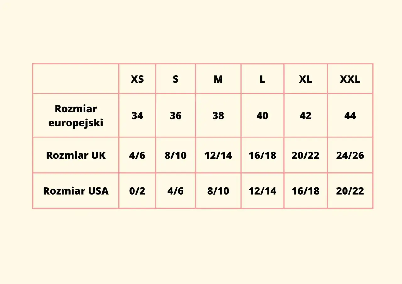 Tabela rozmiarów: europejski 38 to S, UK 8/10, USA 8/10. Jaki to rozmiar 8?