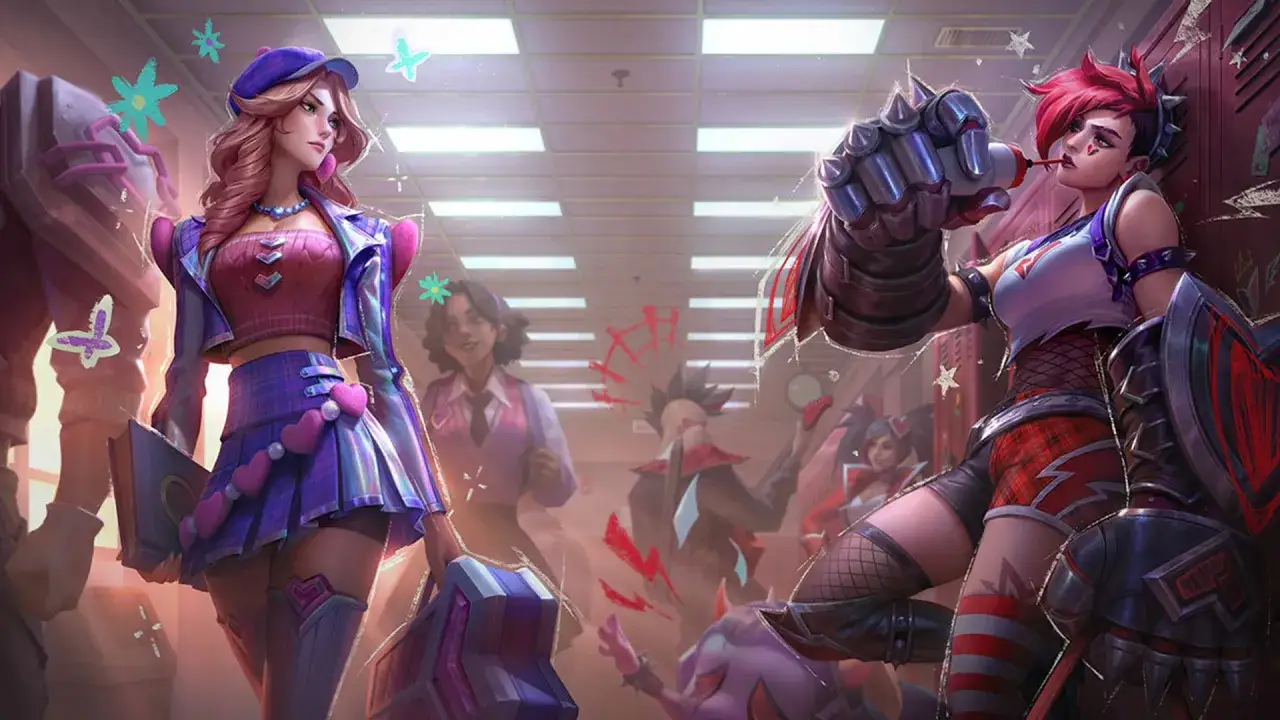 Postacie z League of Legends w szkolnych strojach, w tle korytarz szkolny.