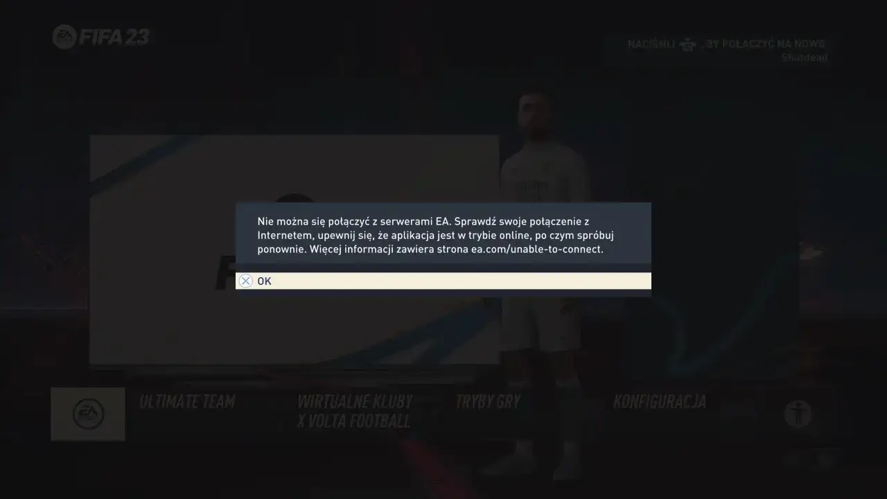 Komunikat o błędzie połączenia z serwerami FIFA 23. Nie można grać online.