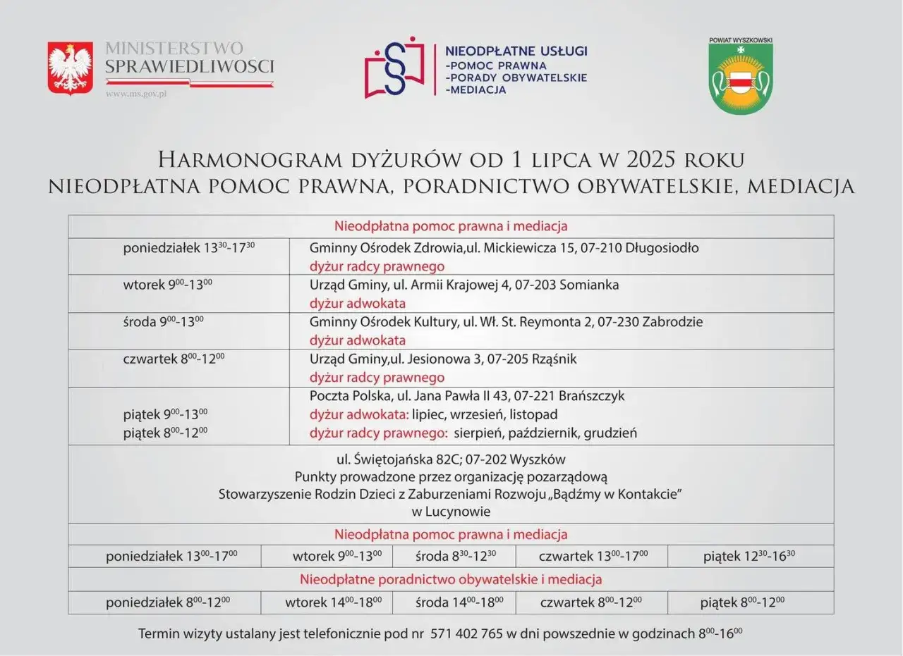 Harmonogram dyżurów od 1 lipca 2025 r. w Wyszkowie. Dowiedz się, jak wziąć adwokata z urzędu, gdzie uzyskać bezpłatną pomoc prawną i mediacje.