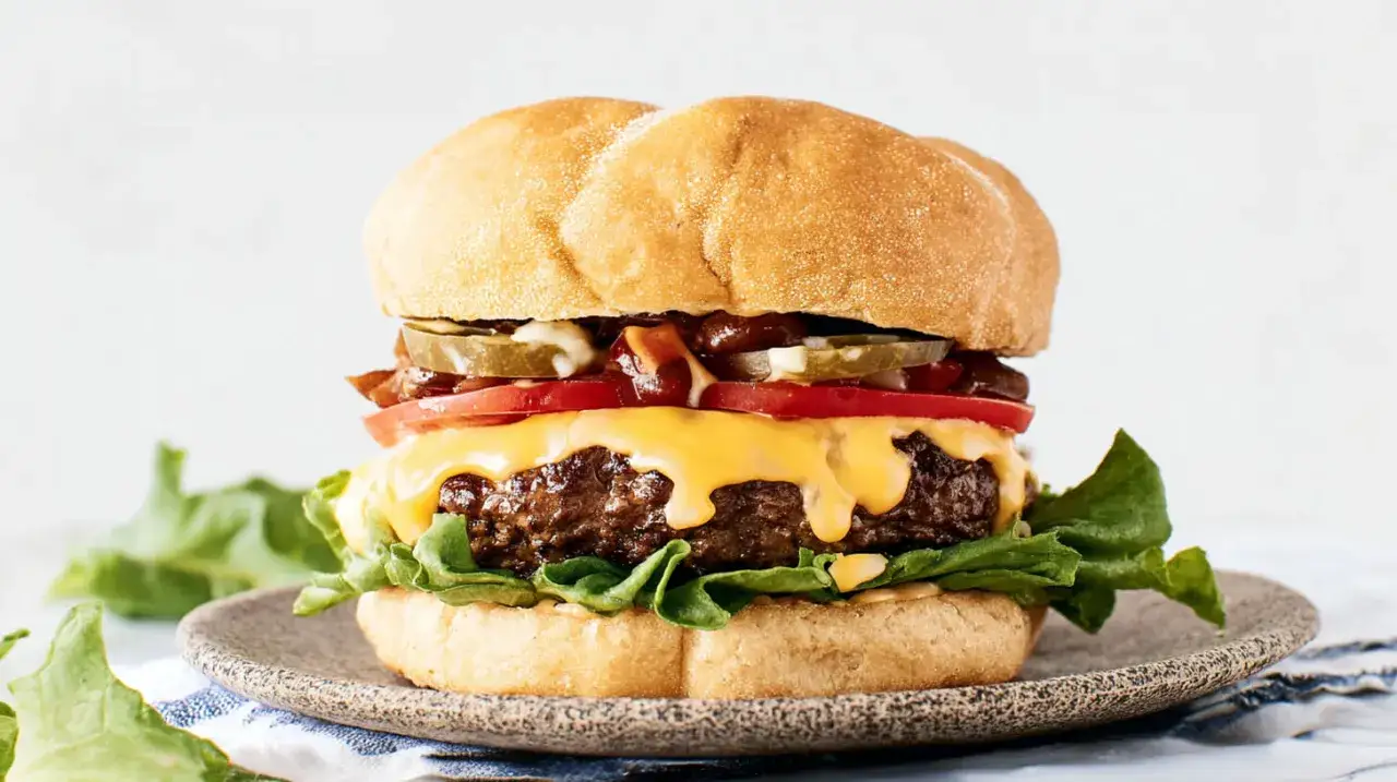 Soczysty burger wołowy z serem, pomidorem, ogórkiem i sałatą na talerzu.