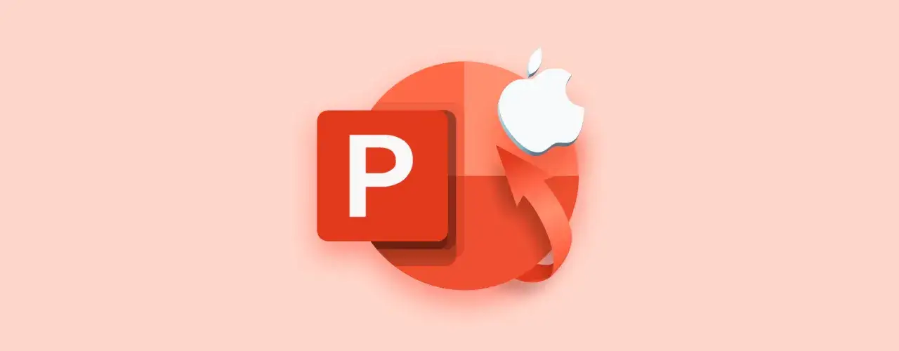Ikona PowerPoint i jabłko Apple z strzałką, symbolizujące jak odzyskać niezapisaną prezentację powerpoint na Macu.