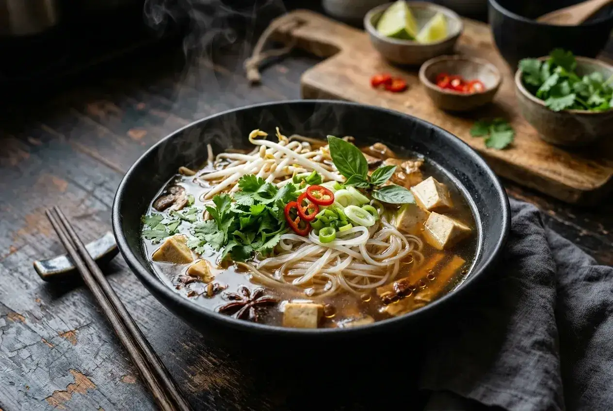 Parująca miska pho z tofu, kiełkami, kolendrą i chili. Aromatyczny bulion i makaron ryżowy zachęcają do spróbowania.