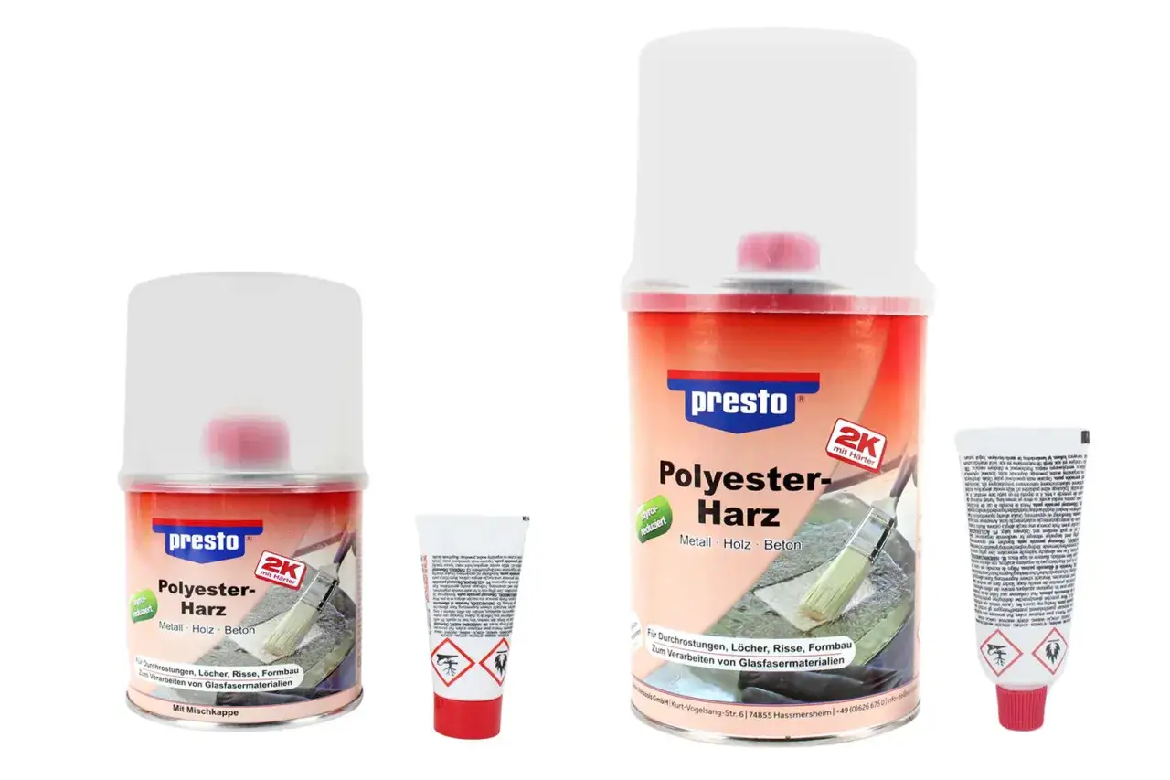Presto Polyesterharz-Spray mit Härter für Reparaturen an Metall, Holz und Beton. Ideal für Durchrostungen, Löcher und Risse.
