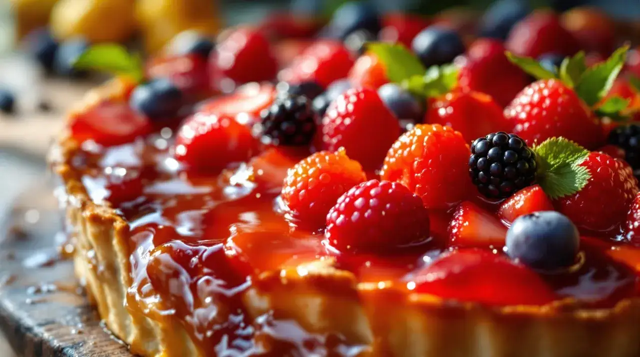 Tarte aux fruits rouges, fraises, framboises, mûres et myrtilles, nappée d'un glacage fruit rouge brillant.