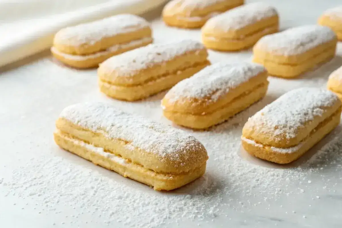 Une rangée de biscuits cuillère saupoudrés de sucre glace, prêts à être dégustés.