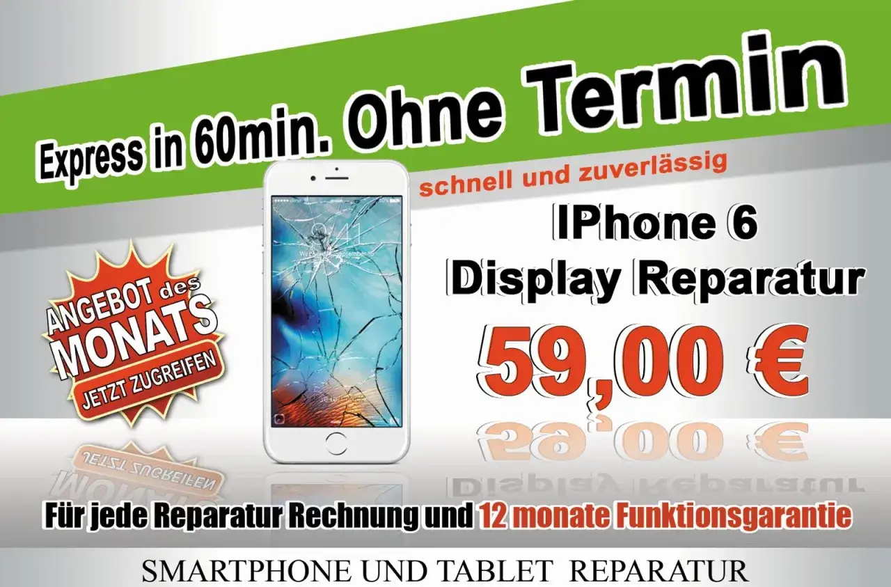 Ein weißes iPhone mit gesprungenem Display, daneben ein Angebot für iPhone 6 Display Reparatur für 59€.