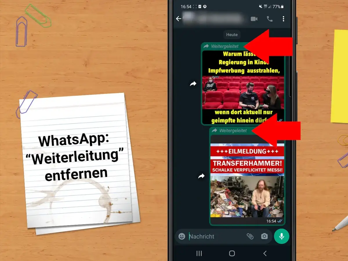 WhatsApp-Nachrichten mit roten Pfeilen, die auf "Weitergeleitet" zeigen.