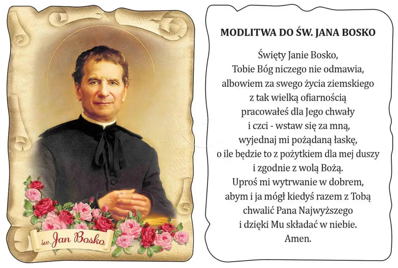 Litania do św. Jana Bosko. Obraz przedstawia świętego z aureolą, otoczonego różami, z tekstem modlitwy.