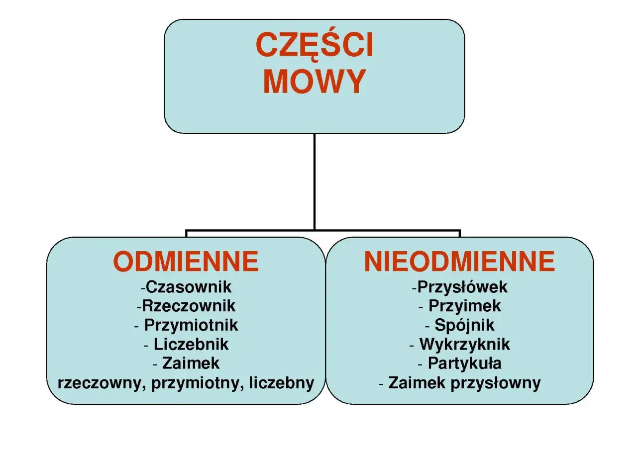 Schemat klasyfikacji części mowy dla klasy 4: odmienne (czasownik, rzeczownik, przymiotnik, liczebnik, zaimek) i nieodmienne (przysłówek, przyimek, spójnik, wykrzyknik, partykuła, zaimek przysłowny).