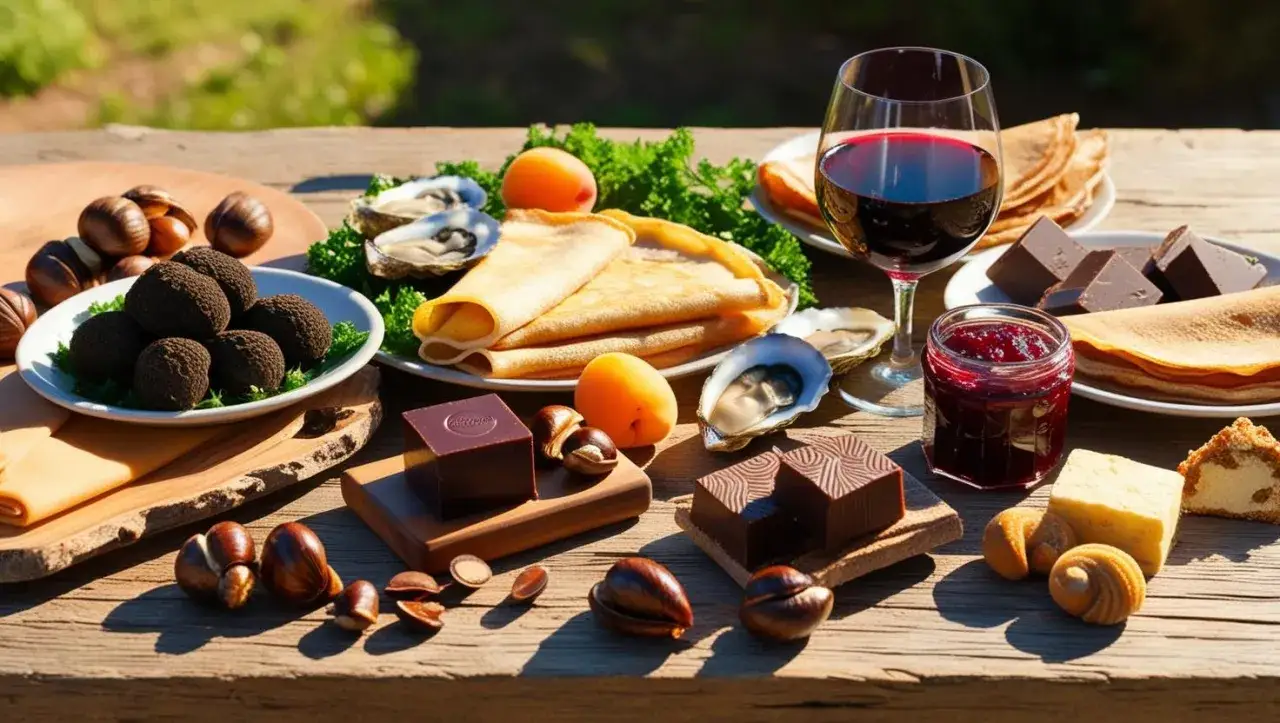 Un festin de saveurs françaises : huîtres, crêpes, marrons, chocolat et vin rouge, un plat typique français par région.