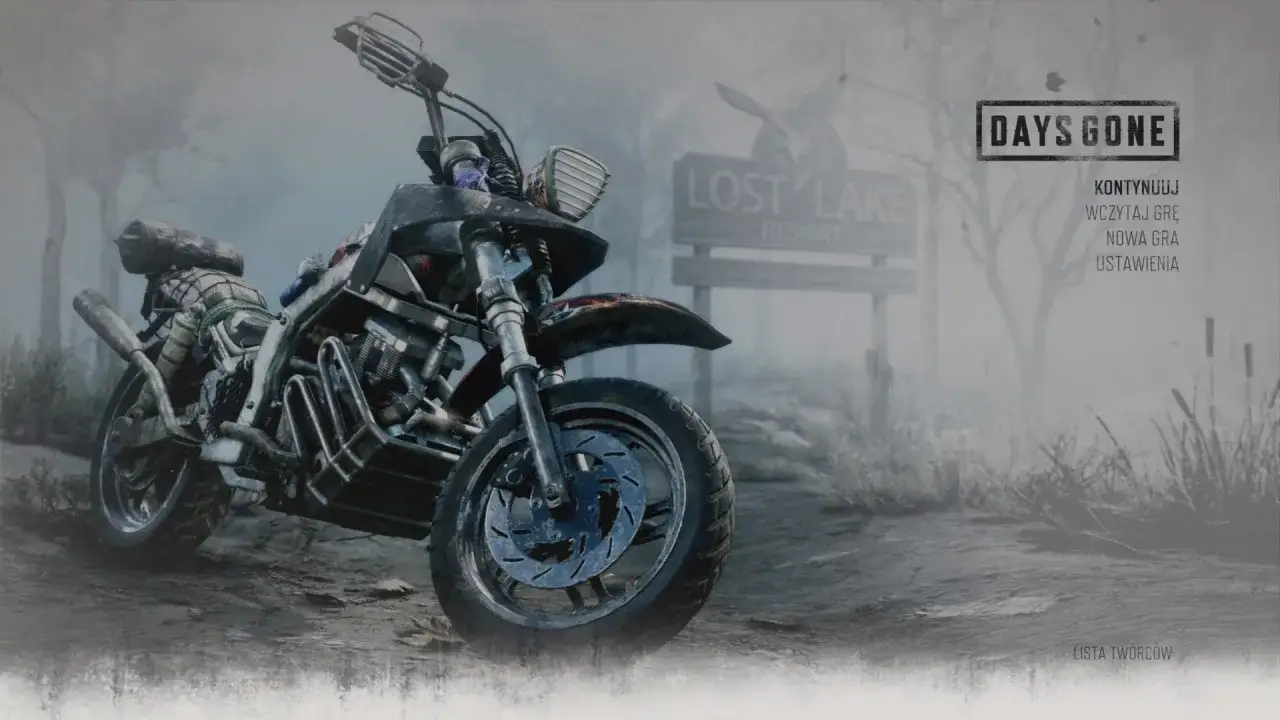 Motocykl z gry Days Gone, gotowy do drogi. Menu gry oferuje opcje kontynuuj, wczytaj grę, nowa gra i ustawienia. To świetny poradnik dla graczy.