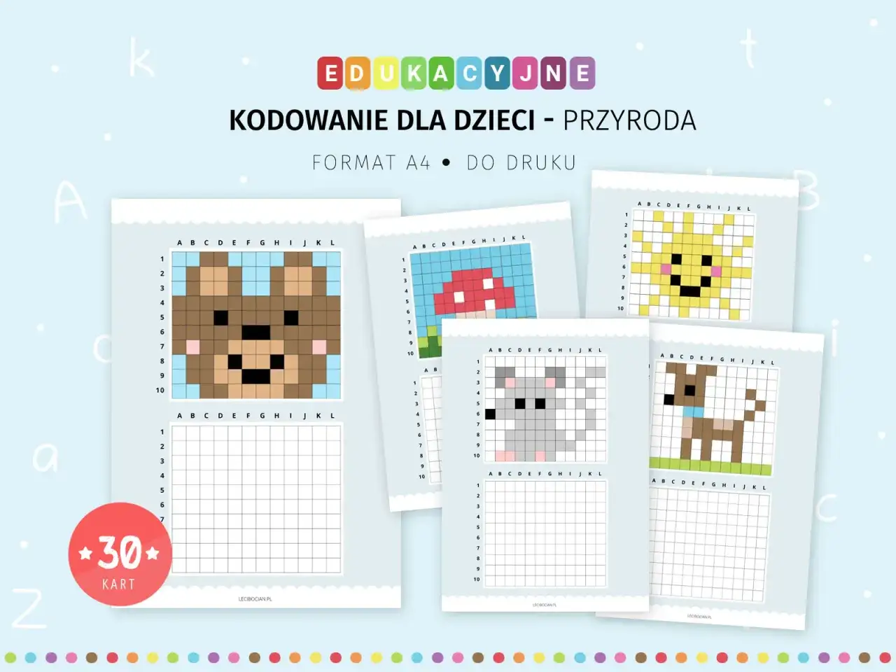 Karty pracy do kodowania dla dzieci: miś, grzyb, słońce, myszka, piesek. Idealne do nauki przez zabawę.