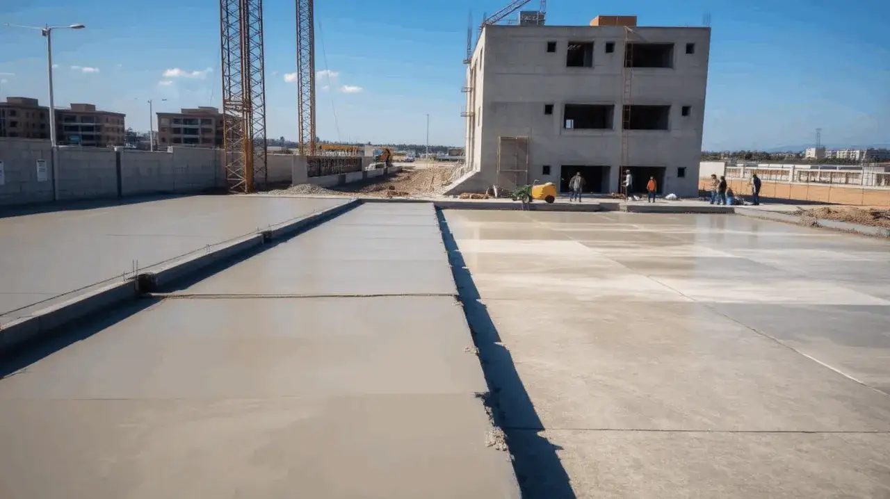 Świeżo wylany beton na ławy fundamentowe. W tle budowa, dźwigi i budynki.