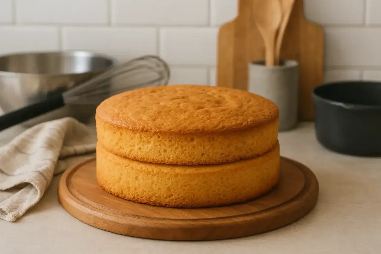 Deux disques de génoise moelleuse, prêts pour une recette gourmande. Ustensiles de pâtisserie en arrière-plan.