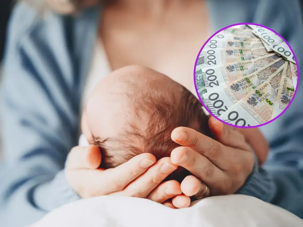 Dłoń trzymająca główkę niemowlęcia, w tle okrąg z polskimi banknotami 200 zł.