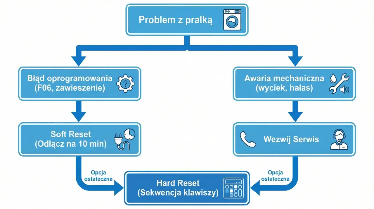Schemat pokazuje, jak zresetować pralkę w przypadku błędu oprogramowania lub awarii mechanicznej. Obejmuje soft reset (odłączenie na 10 min) i hard reset (sekwencja klawiszy).