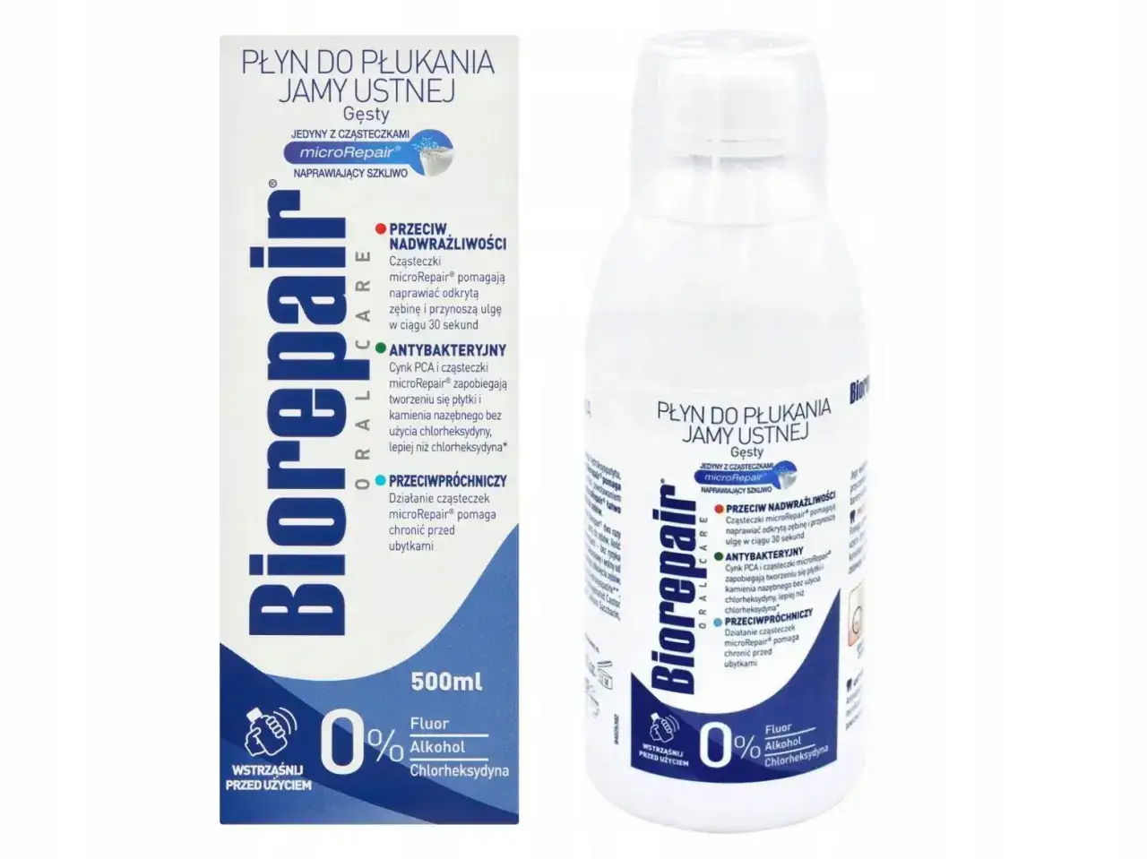 Płyn do płukania jamy ustnej Biorepair z cząsteczkami microRepair, bez alkoholu i chlorheksydyny, naprawia szkliwo i chroni przed próchnicą.