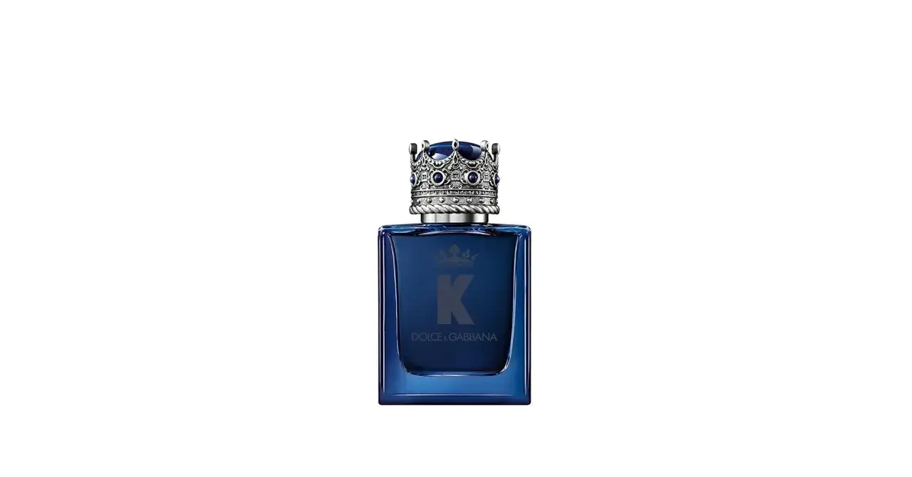 Dunkelblaue Glasflasche mit silberner Krone als Verschluss und "K DOLCE & GABBANA" Schriftzug.