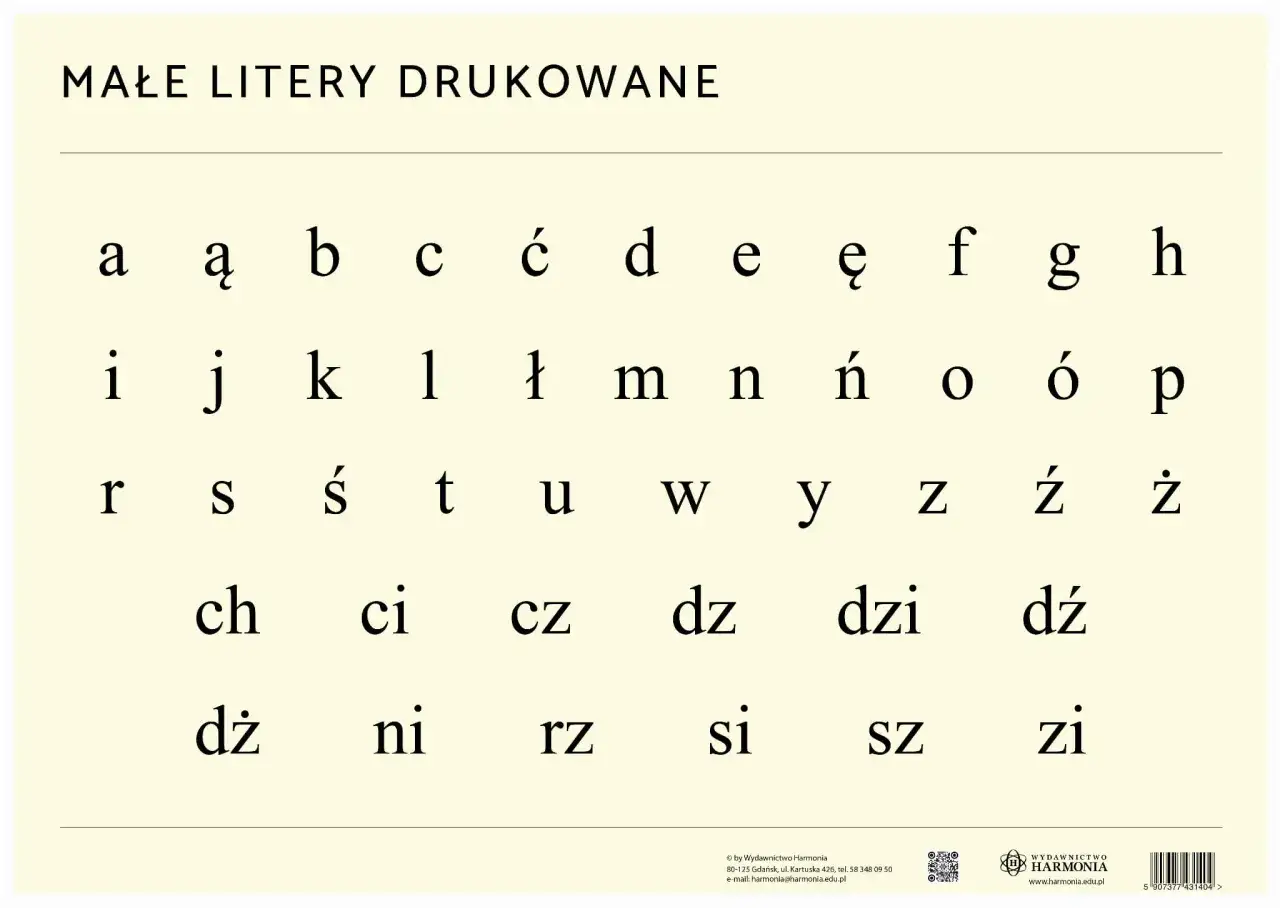 Małe litery drukowane polskie: a, ą, b, c, ć, d, e, ę, f, g, h, i, j, k, l, ł, m, n, ń, o, ó, p, r, s, ś, t, u, w, y, z, ź, ż, ch, ci, cz, dz, dzi, dź, dż, ni, rz, si, sz, zi.