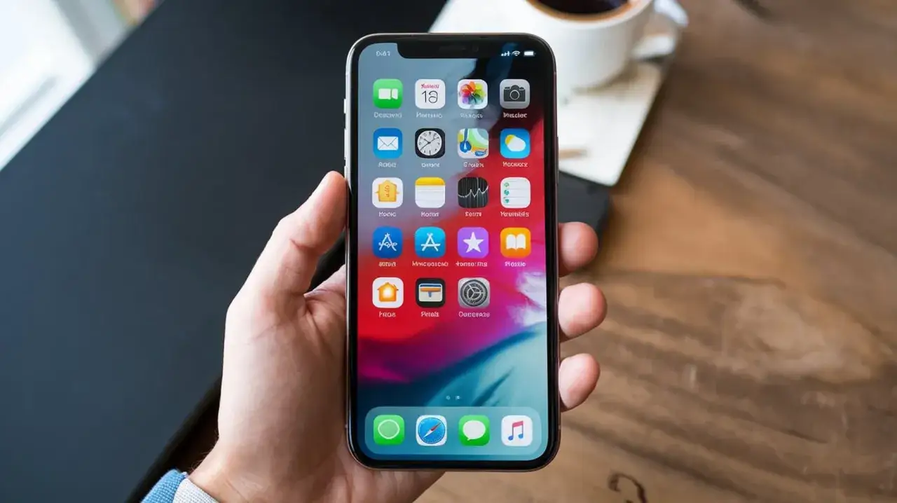 Dłoń trzyma iPhone'a z ikonami aplikacji. Zastanawiasz się, gdzie są pobrane pliki w iPhone? Zazwyczaj są one w aplikacji "Pliki".
