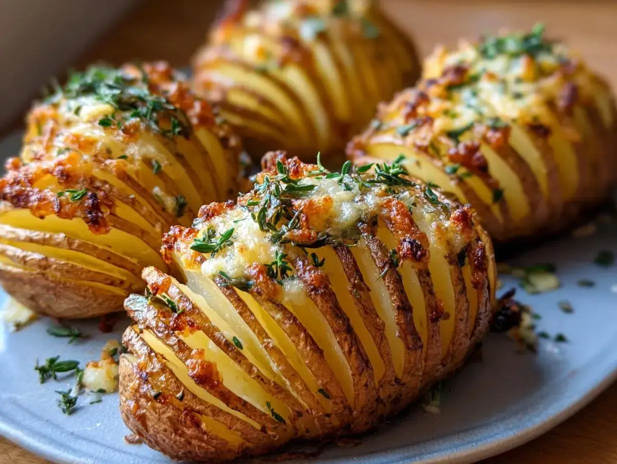 Ziemniaki Hasselback, zapieczone z serem i ziołami, idealne, by pokazać, jak upiec ziemniaki w airfryer.