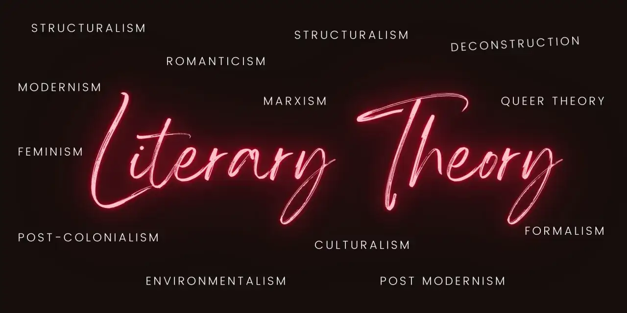 Neonowy napis "Literary Theory" otoczony nazwami różnych teorii literackich.