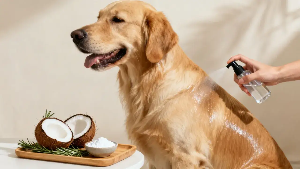 Golden retriever recibe spray para pelo. Ingredientes naturales como coco y romero sugieren cómo quitar rastas a un perro.