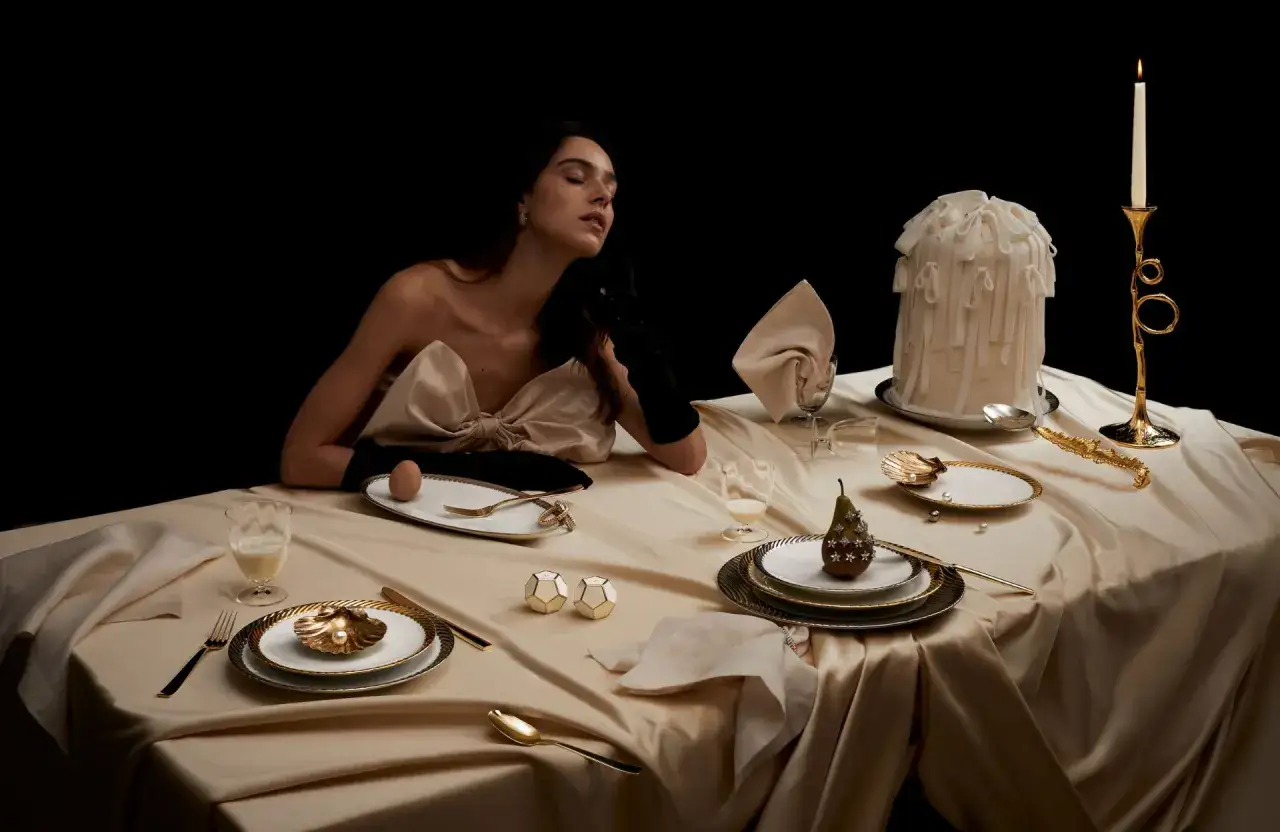 Une femme élégante, une table dressée avec soin, un œuf, une poire décorée. L'art de comment dresser une table dans un restaurant.