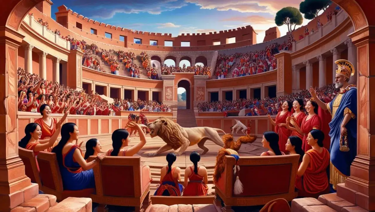 Arena pełna widzów, lew na piasku. Scena z filmu "Quo Vadis" - streszczenie szczegółowe.