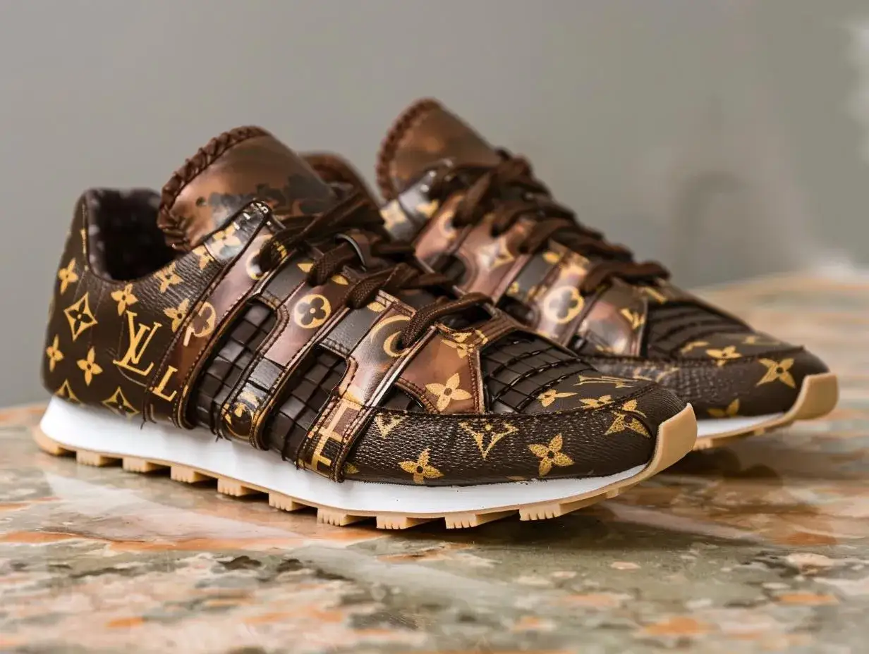 Brązowe buty sportowe Louis Vuitton z monogramem na marmurowym tle.