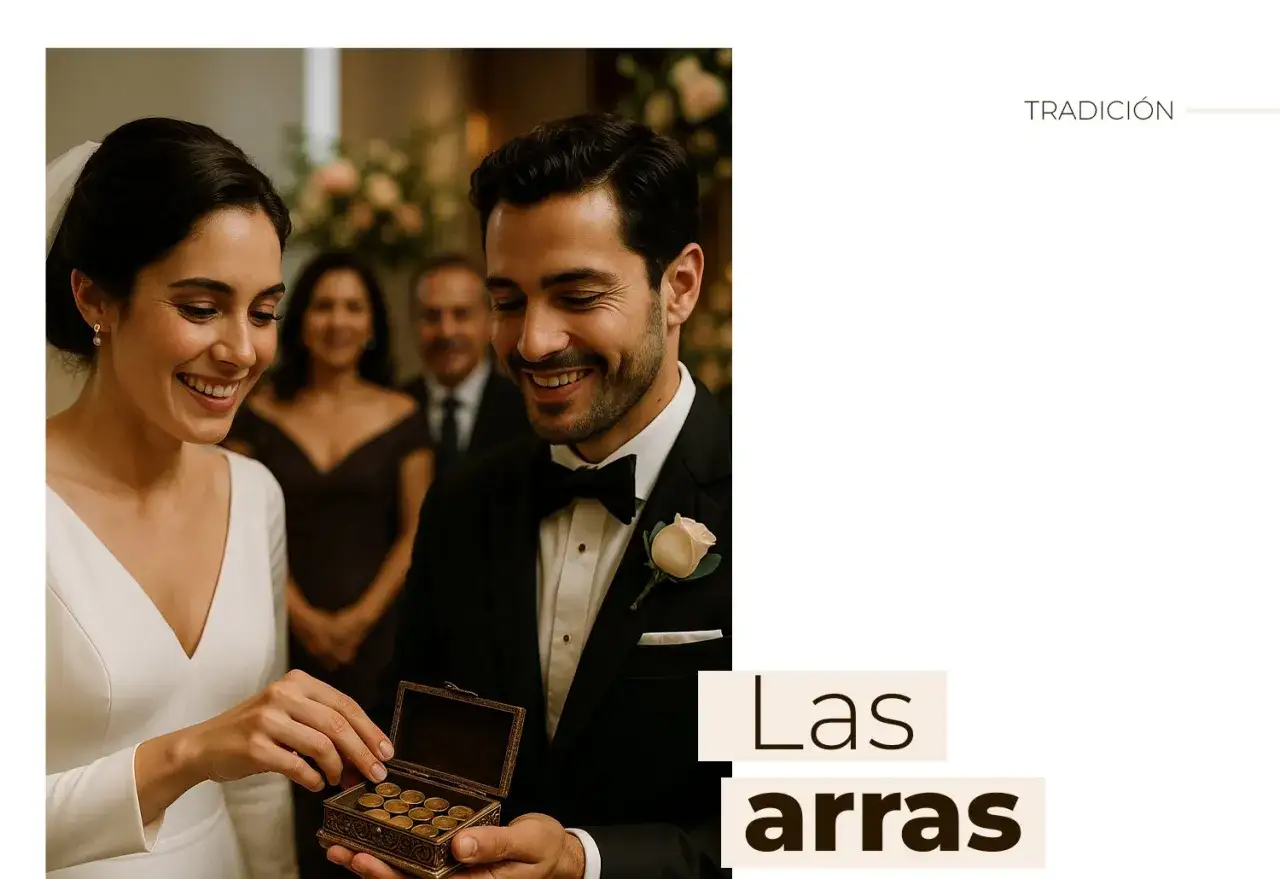 Novios sonríen mientras intercambian las arras en una boda mexicana.